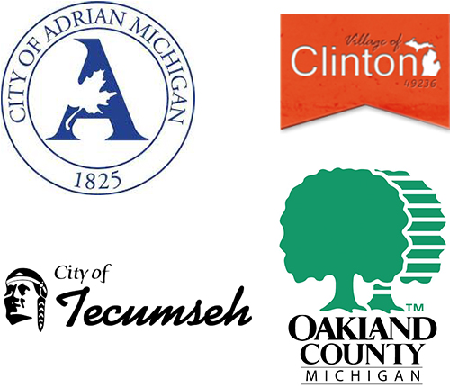 Government Organizations we've worked with - City of Adrian, Village of Clinton, City of Tecumseh, Oakland County